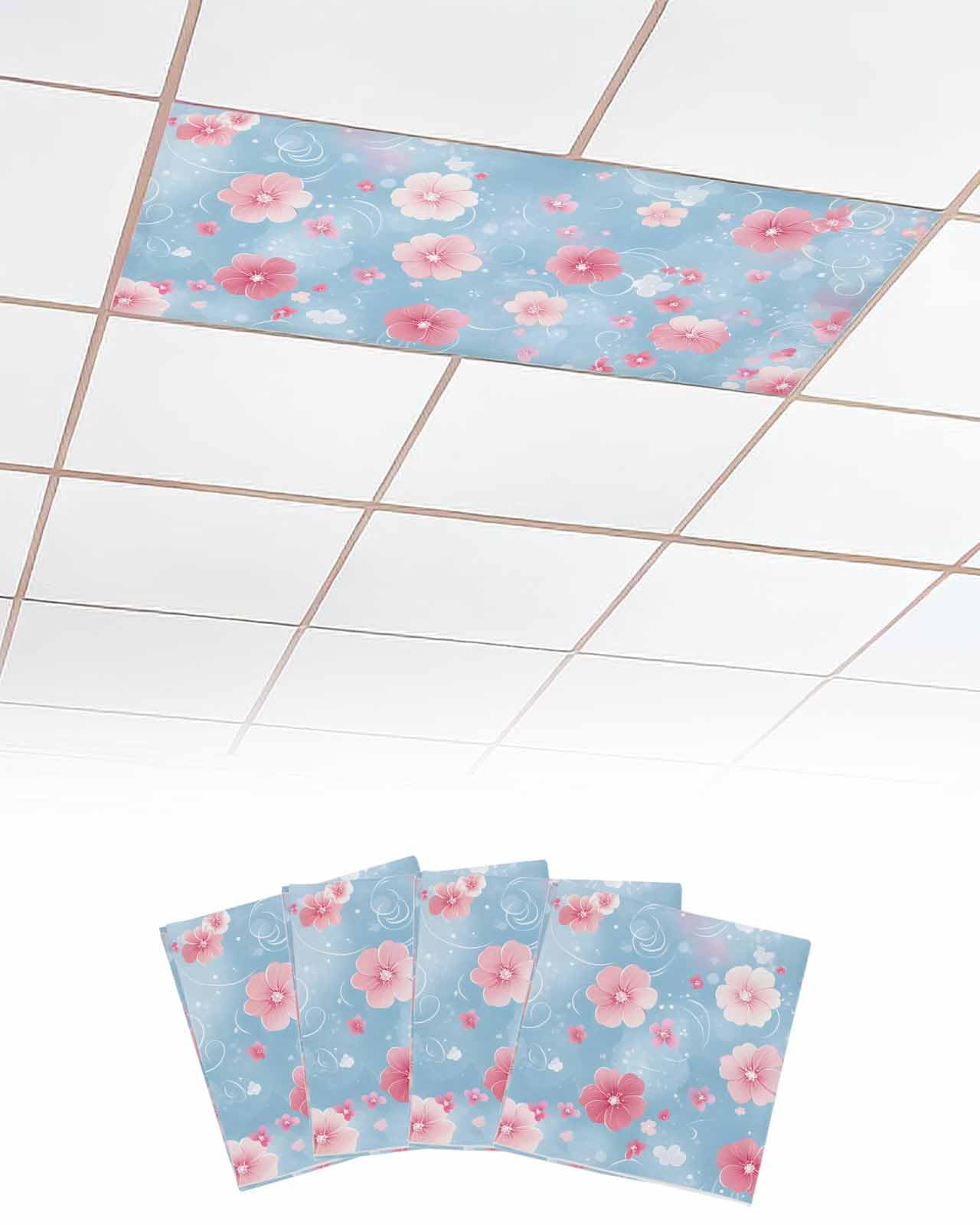 EwdeWwo Plants 4 Pcs Fluorescent Light Covers for Ceiling Lights, Cute Pink Flowers Blue Magnetic Light Filters for Eliminate Harsh Glare Classroom Office Decoration, 4 x 2 Ft