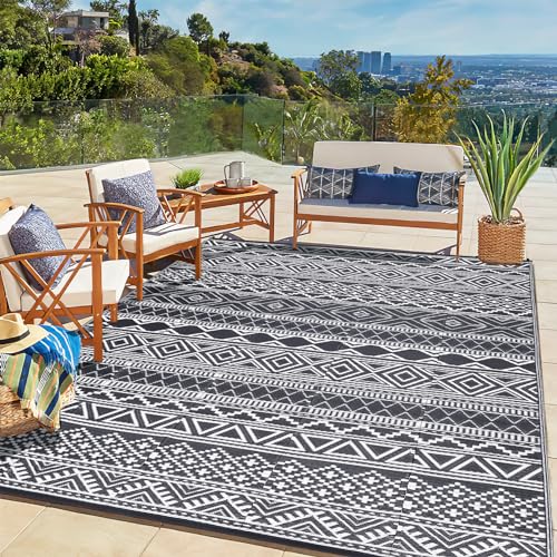 Garvee Outdoor Rugs 8x10 Waterproof for Patios Clearance, Plastic Straw Mats for Backyard, Porch, Deck, Balcony, Reversible, Gray & White Gray & White 8' x 10' (Rectangular)