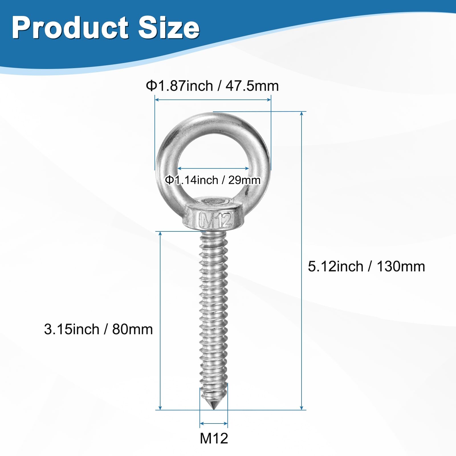 M METERXITY 1-Pack 304 Stainless Steel Eyebolt M12x80mm Shoulder Lifting Eye Bolt Self Tapping Eye Bolts for Wood Securing/Swing/Hanging Hammocks Silver - Image 3