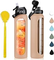 Vista 8 de SIEROZUR Botella de agua de vidrio de 32 onzas, vaso motivacional de 1 litro con marcador de tiempo, botellas de agua de vidrio de borosilicato