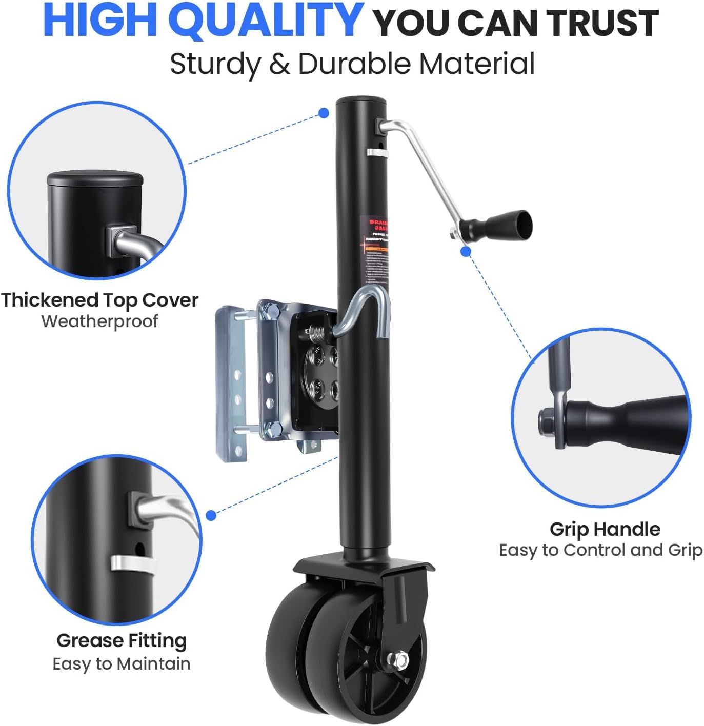 2000 lbs Trailer Jack with Wheel, Heavy Duty Swivel Trailer Jack, 12" Lift Tongue Jack for Boat, RV & Utility Trailer