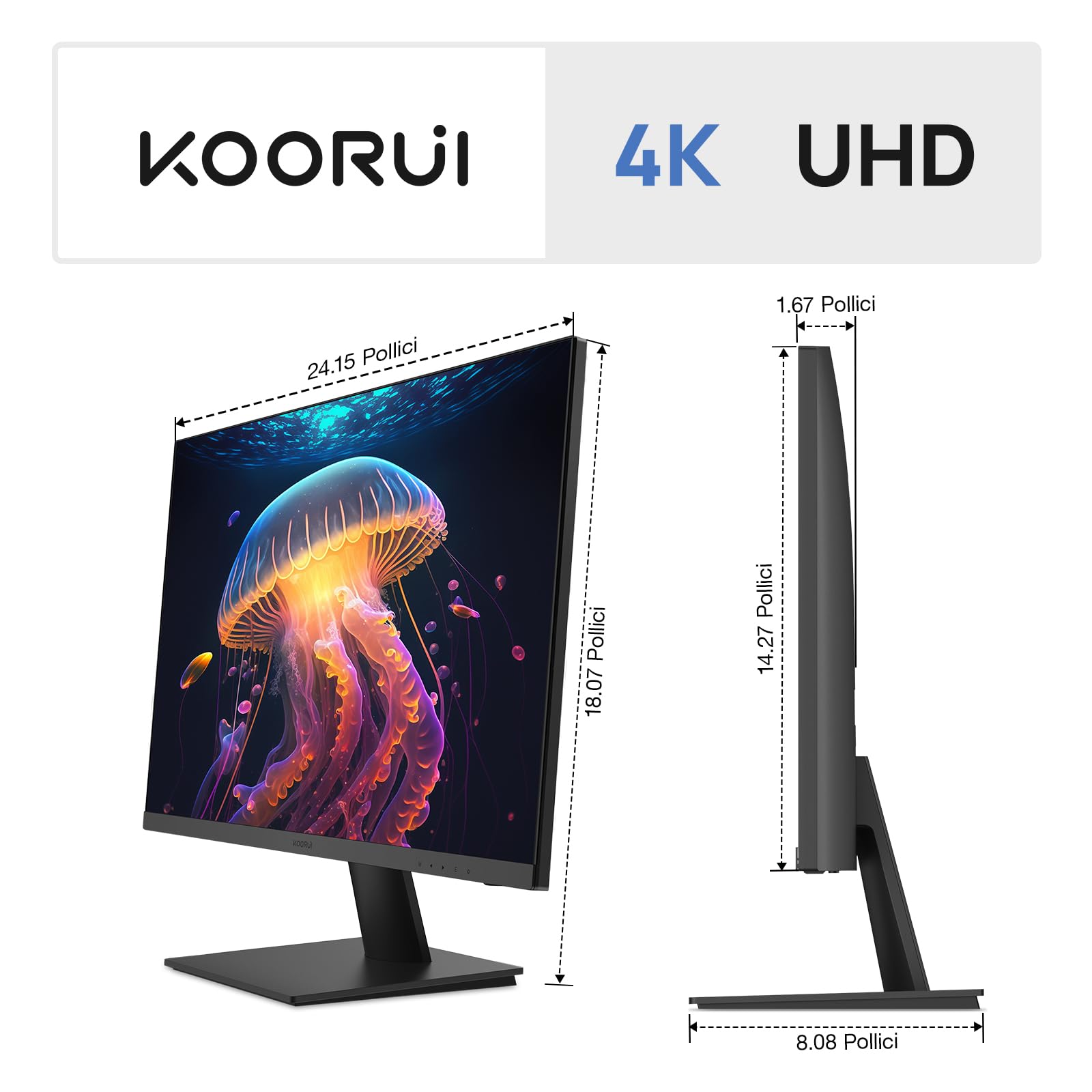 KOORUI N07 Monitor 27 Pollici, 4K UHD (3840 * 2160), IPS 60Hz HDR10 Adaptive Sync, 2X HDMI 2.0 e DisplayPort 1.4, VESA 100 * 100mm, Cura degli occhi