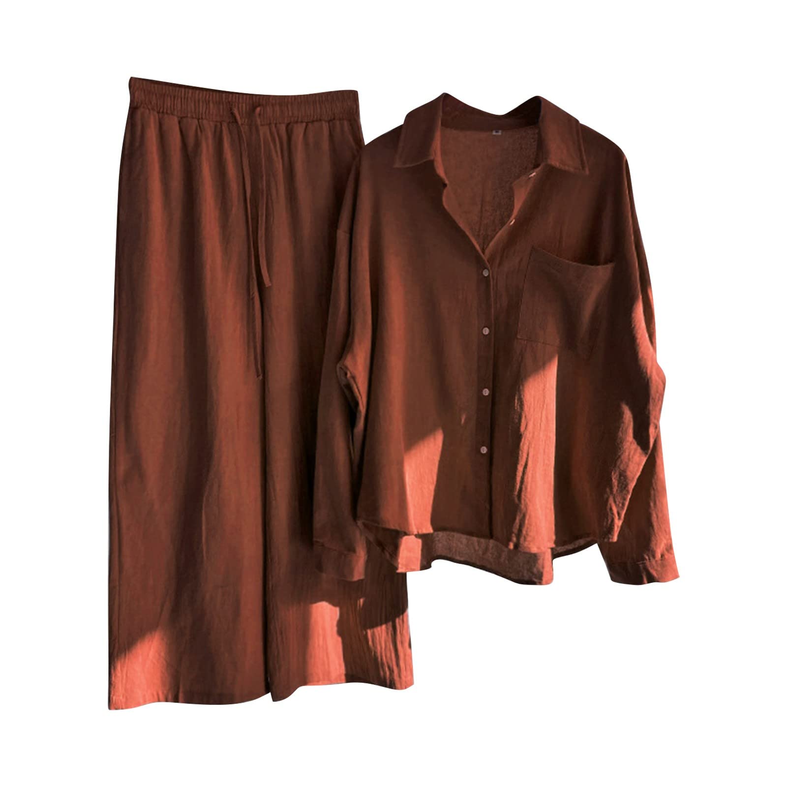 Traje de mujer elegante de 2 piezas, tallas grandes, traje de pantalón para mujer, festivo, elegante, de lino, blusas de lino, con botones, pantalones de lino, festivo, elegante, traje de verano,