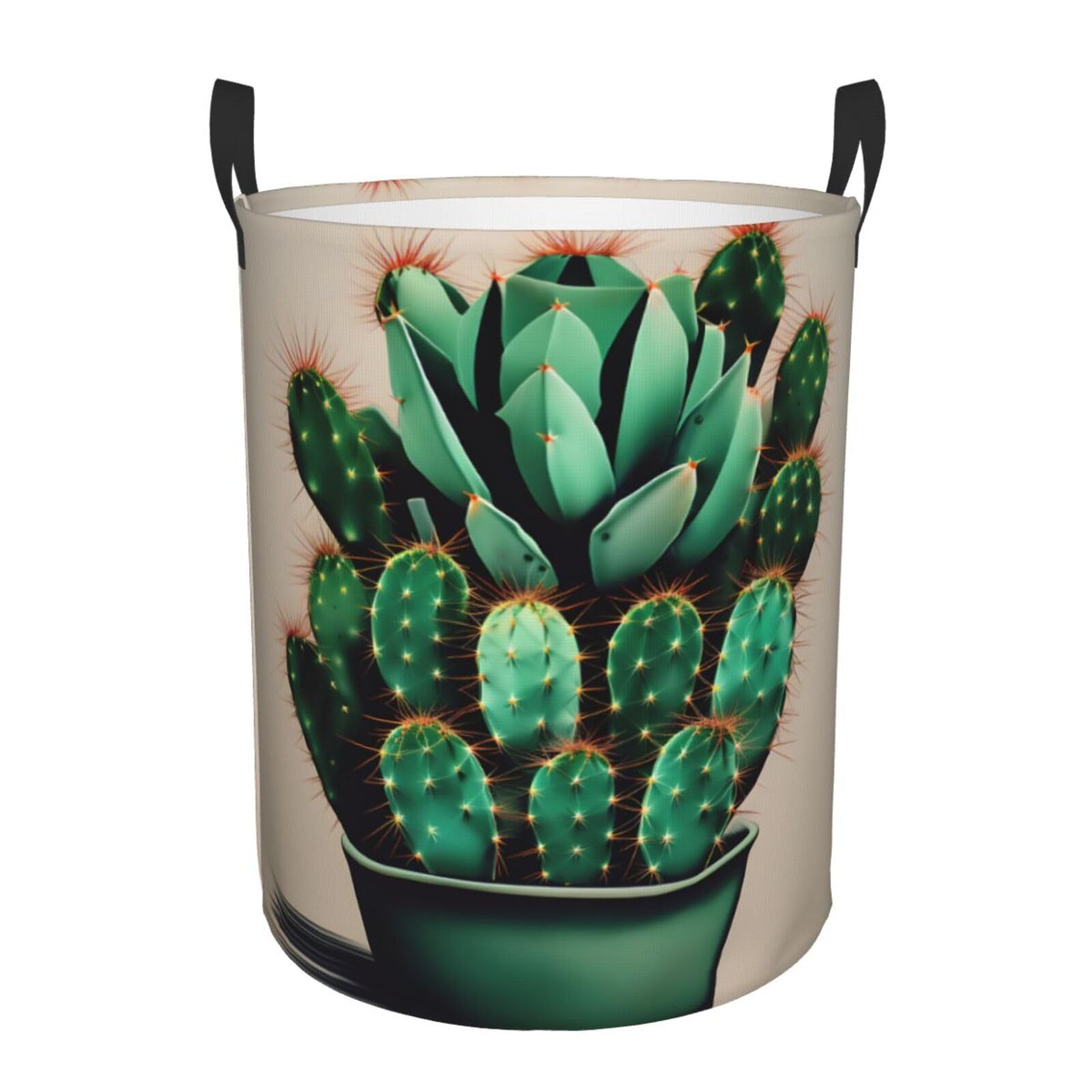 M Collapsible Round Cactus Art Print Laundry Hamper