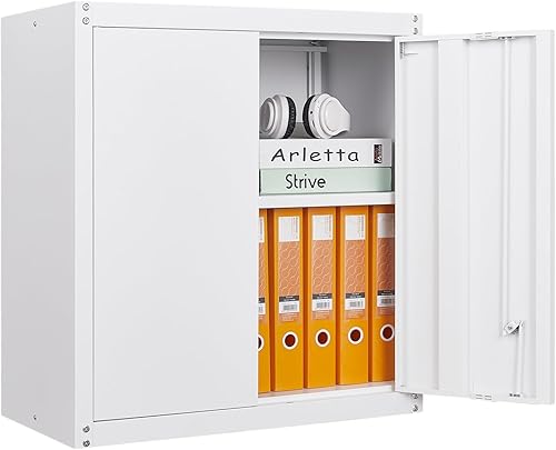 GREATMEET Armario de almacenamiento de pared de metal con cerradura armarios de almacenamiento de metal blanco con 1 estante ajustable y 2 puertas