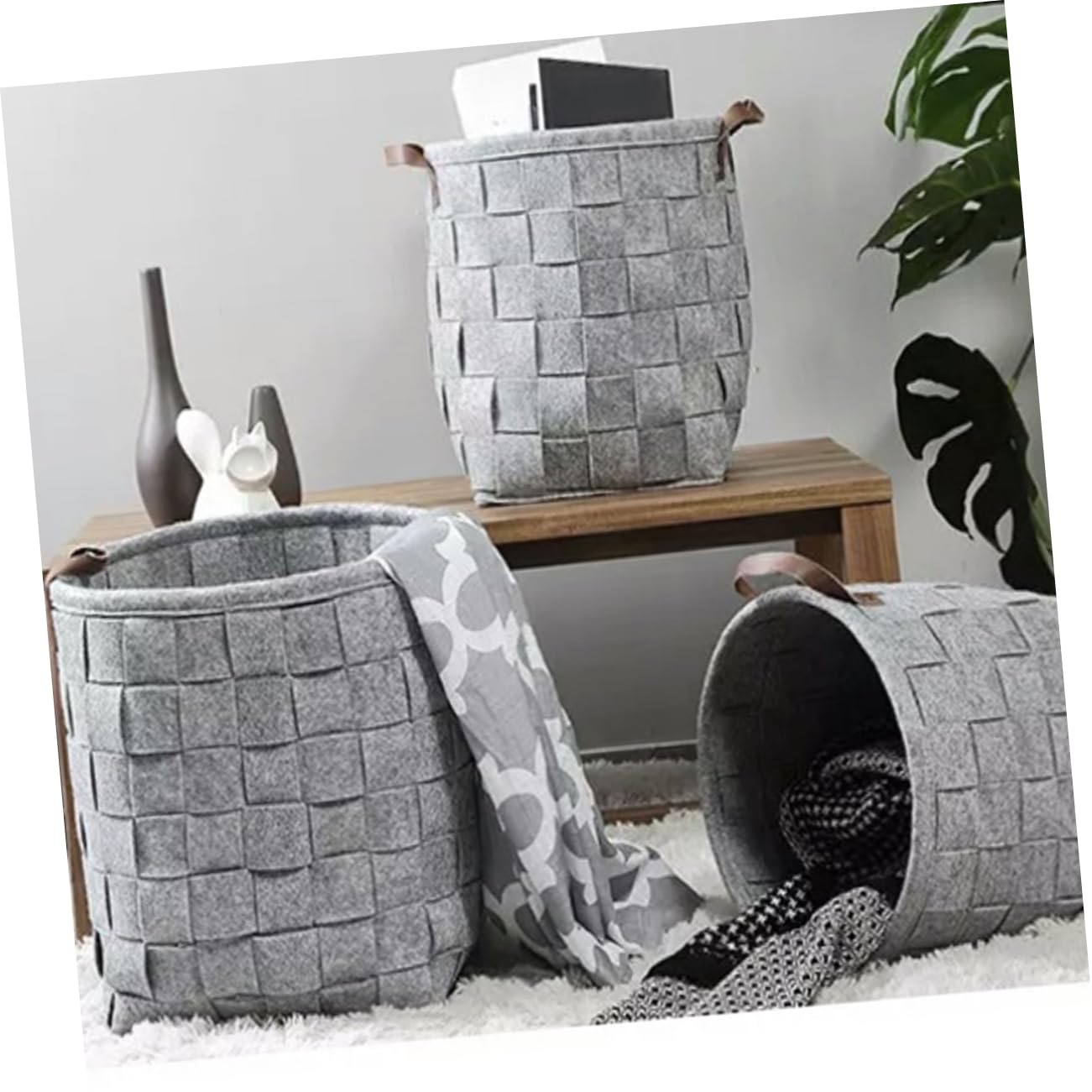 Cesto de Ropa Sucia de Fieltro Plegable Dos Asas y Gran Capacidad Adecuado para Viaje y Armarios