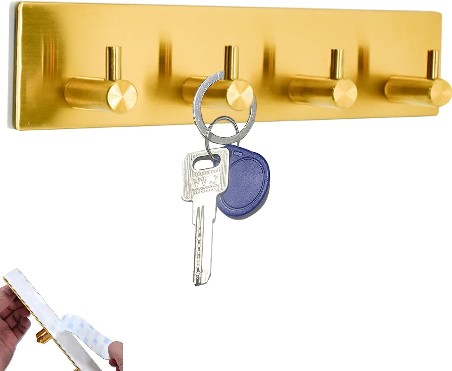 Kingdong Key Holder for Wall 304 Stainless Key Hooks Adhesive Key Holder Wall Mount Key Hanger with 4 Heavy Duty Hooks Key Organizer for Kitchen, Bedroom, Bathroom (Gold(4 Hooks))