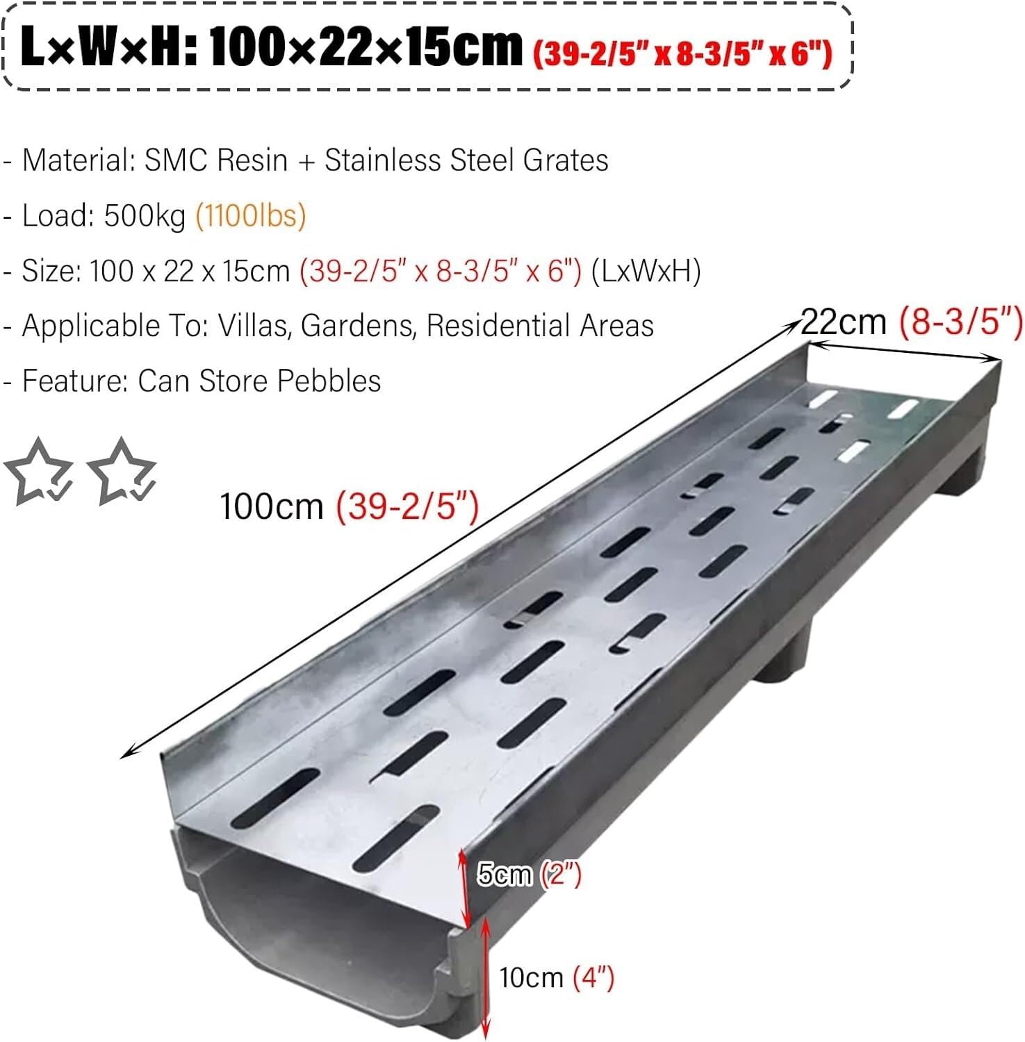 Kit di Copertura per Canale di drenaggio per Patio da Giardino 100x22x15 cm. Include grondaie per fanghi e Sistema di drenaggio a Canale. Ideale per Il drenaggio delle acque piovane e per su