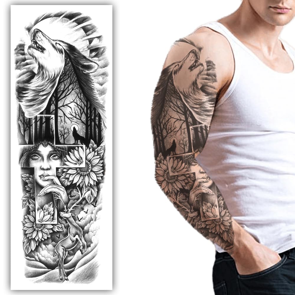S.A.V.I Full Arm Temporary Tattoo Sleeve - Howling Wolf & Forest, Unisex, 48x17 cm-image-17