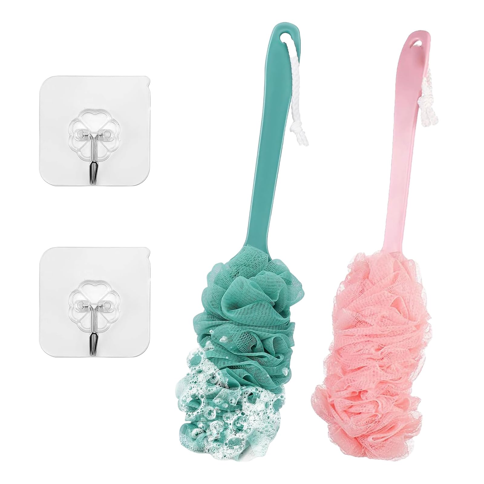 2 Pieces Back Brush Scrubber Shower Loofah Long Handle Bath Brush Shower Body Brushes with Bath Net Sponge Soft Mesh for Exfoliating and Removing Dead Skin for Men and Women(Blue and Pink)
