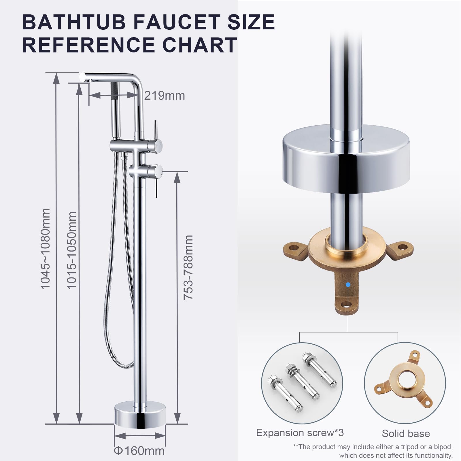 ARCORA Rubinetto Vasca a Pavimento con Doccetta, Miscelatore Vasca a Pavimento, Girevole 360°, Ottone Massiccio e Acciaio Inox, Cartuccia Ceramica, per Vasca Freestanding, Cromato