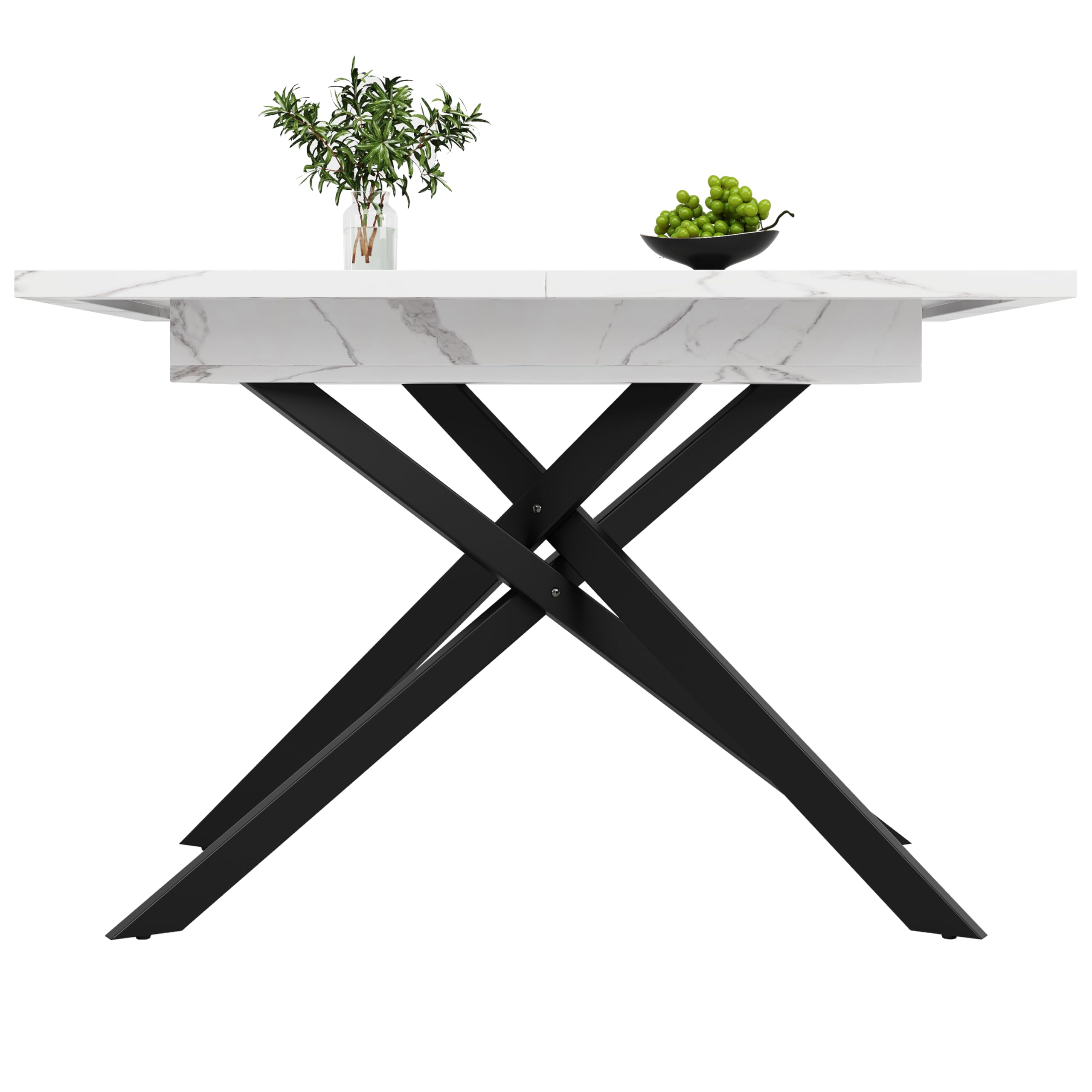 Mesa de comedor telescópica (120-160 cm), mesa de comedor extensible, ahorra espacio, patas de hierro cruzadas negras, para cocina y salón, mesa de mármol blanco (blanco, 120-160 x 80 x 76,5 cm)