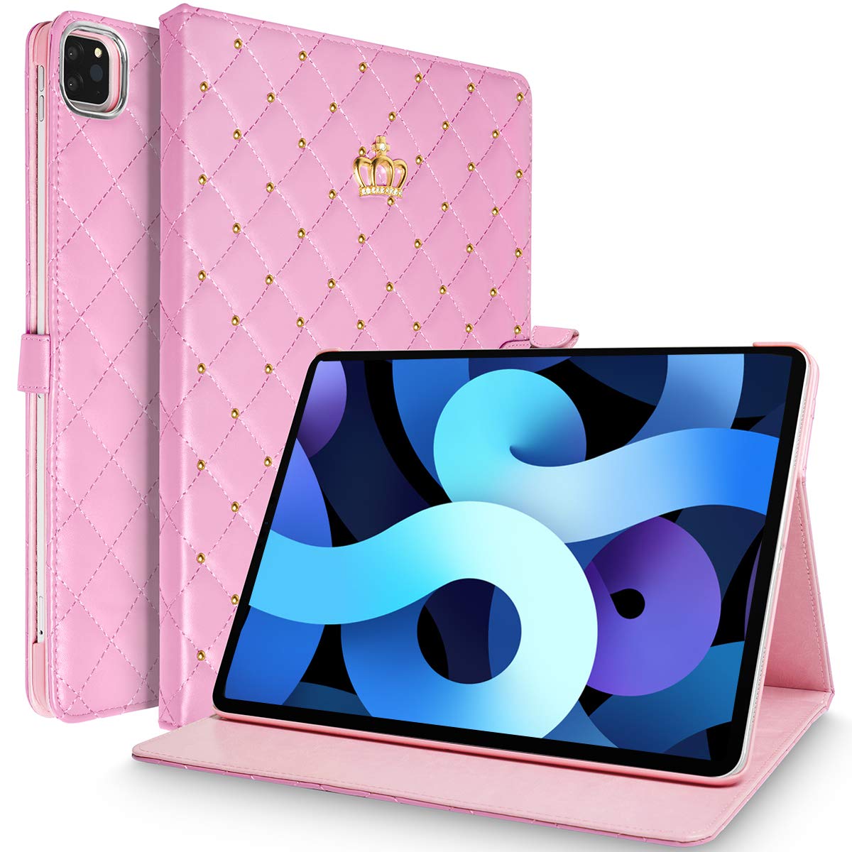 Topwin iPad Air 4 10.9 Inch 2020/ iPad Pro 11 Inch 2020 & 2018 Case, Crown Bling Diamond Cute PU Leather Smart Auto Sleep/Wake Shockproof for Apple iPad Air Gen 4/iPad Pro 11-in.2020&2018 (Pink)