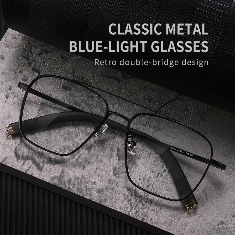 PRIVOZA Oversized Blue Light Blocking Glasses for Men Double Bridge Retro Metal Eyeglasses/Gaming Glasses UV400 Protection (Black)