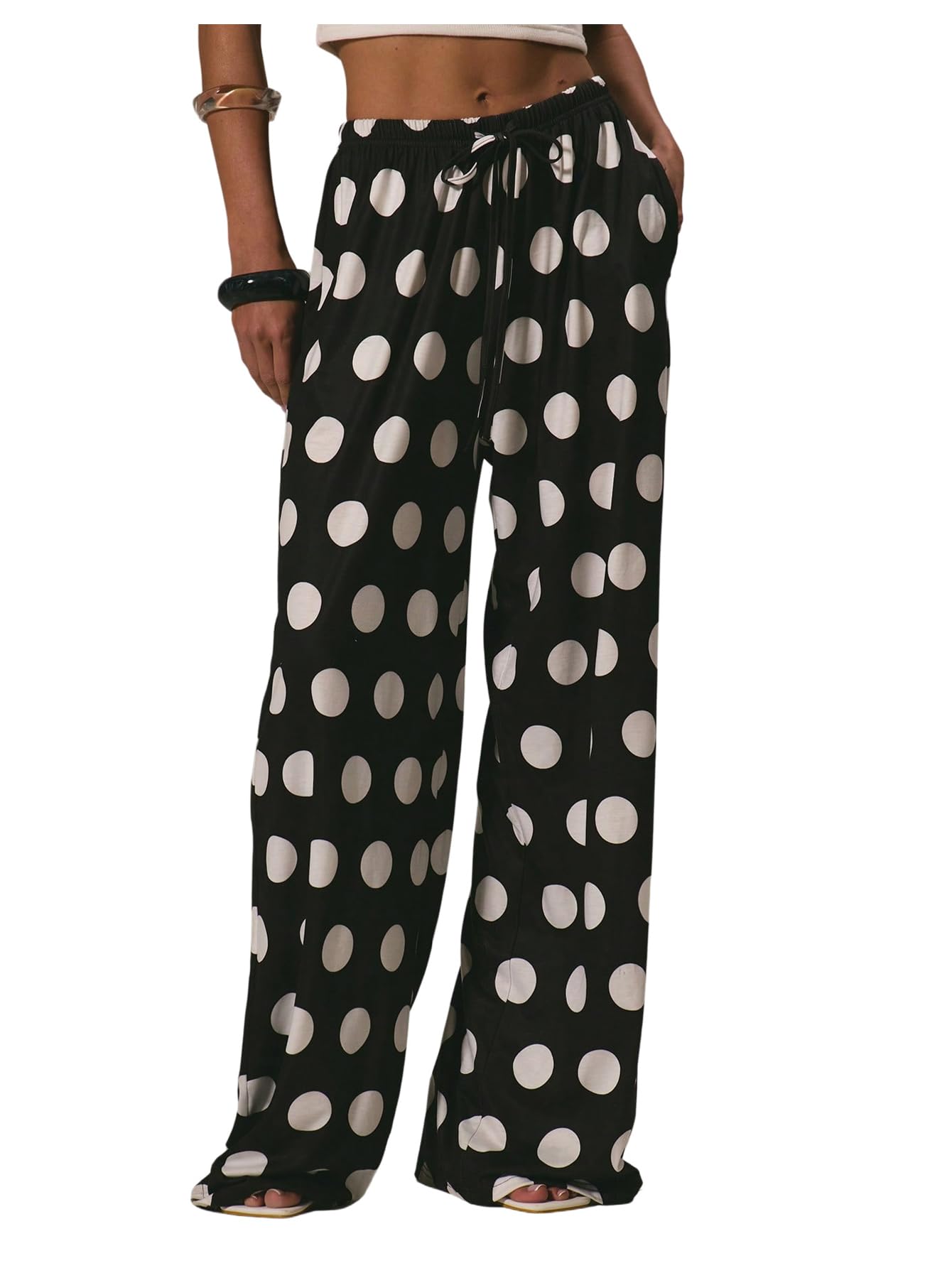 Floerns Womens Polka Dots Drawstring Waist Long Pants Wide Leg Lounge Pants with Pocket