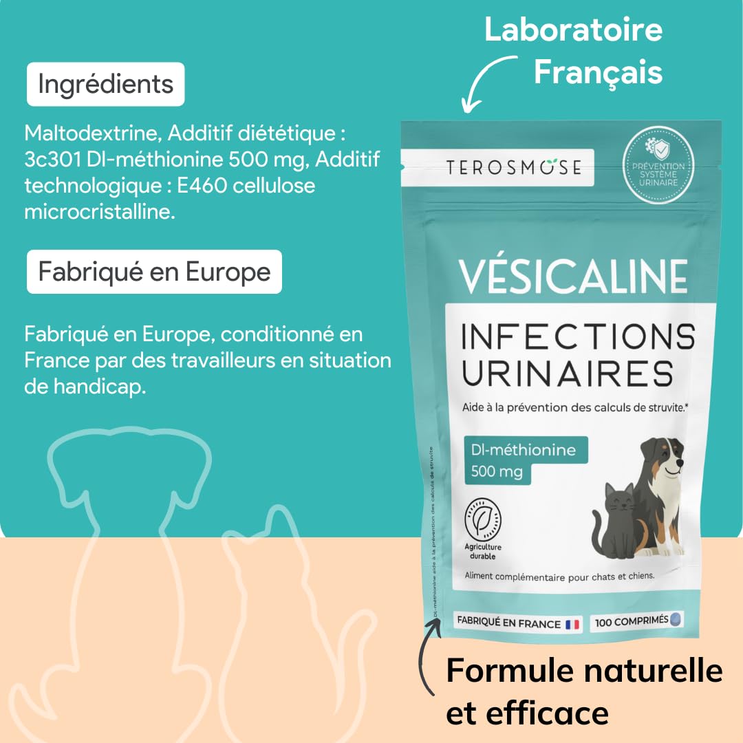 Vesicaline • Soulagement & Prévention des Infections Urinaires chez Chats & Chiens | Formule Vétérinaire pour Vessie Saine et Voies Urinaires Sereines | DL-méthionine | 100 Comprimés