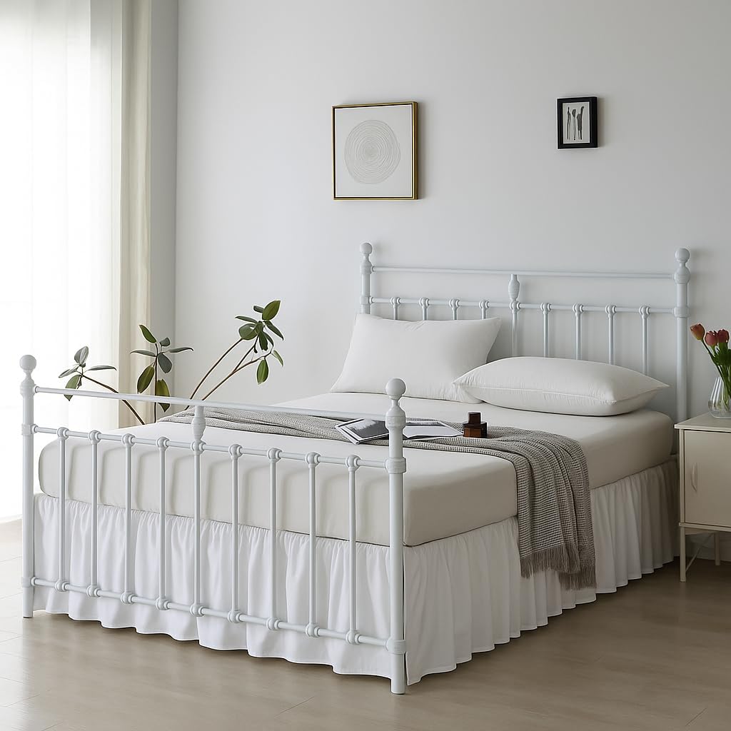 Ruffled Bed Skirt Queen Size - Dust Ruffle with Split Corners - Queen, White, 15 Inch Drop Dust Ruffle with Platform - 100% Microfiber Hotel Quality Ruffle Bed Skirt (White, Queen-15 Drop)
