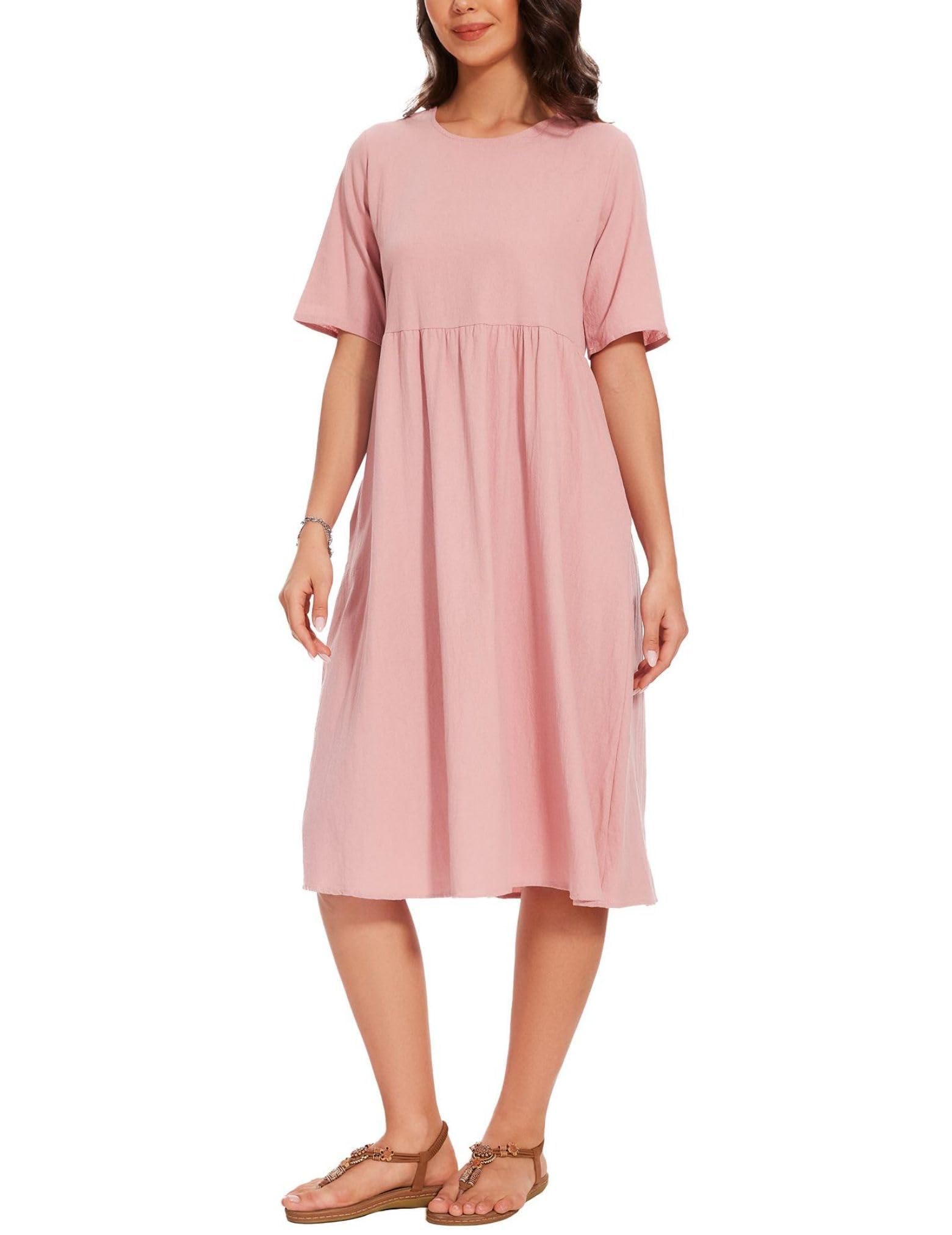 Maxi abito da donna in cotone e lino, girocollo, mezze maniche, taglie forti, casual, comodo, lungo abito con tasche