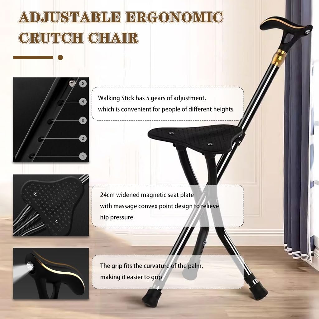 Bastón Taburete De Bastón Ajustable En Altura con 5 Velocidades, Silla Plegable Portátil con Muleta, Bastón Antideslizante con Luz LED, para Las Personas Mayores