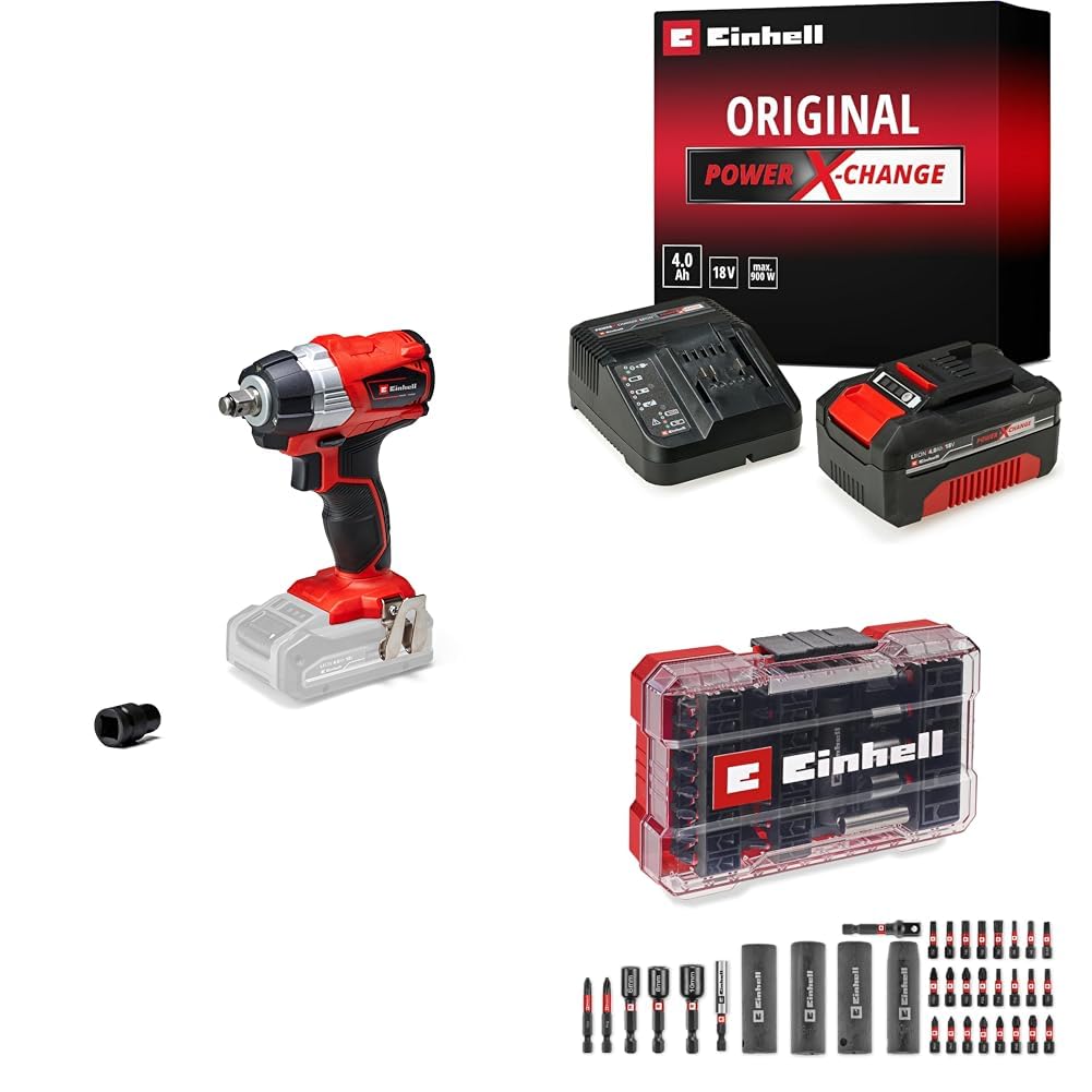 Einhell TP-CW 18 Li BL - Solo, Kömürsüz Akülü Darbeli Somun Sıkma + 18V 4,0 Ah PXC Starter Kit, Akü ve Şarj Cihazı + Bits ve Lokma uç seti 35 parça, M-Case kutu
