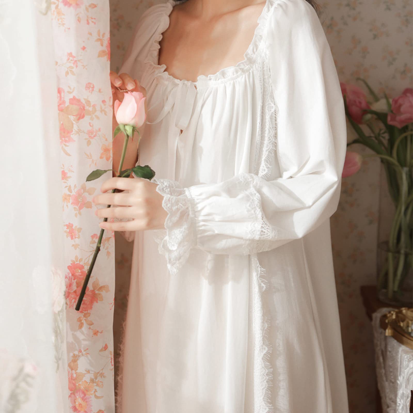 OFFSUM Camicia da Notte Donna - Primavera Girocollo Cotone Elegante Camicia da Notte retrò Palace Stile Camicia da Notte Principessa Casual Tinta Unita Nightwear Vestito