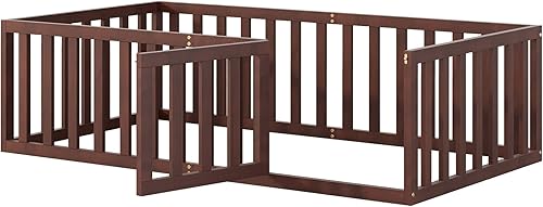 Miniatura 4 de Merax Marco de cama de madera de tamaño individual con valla y puerta (natural)