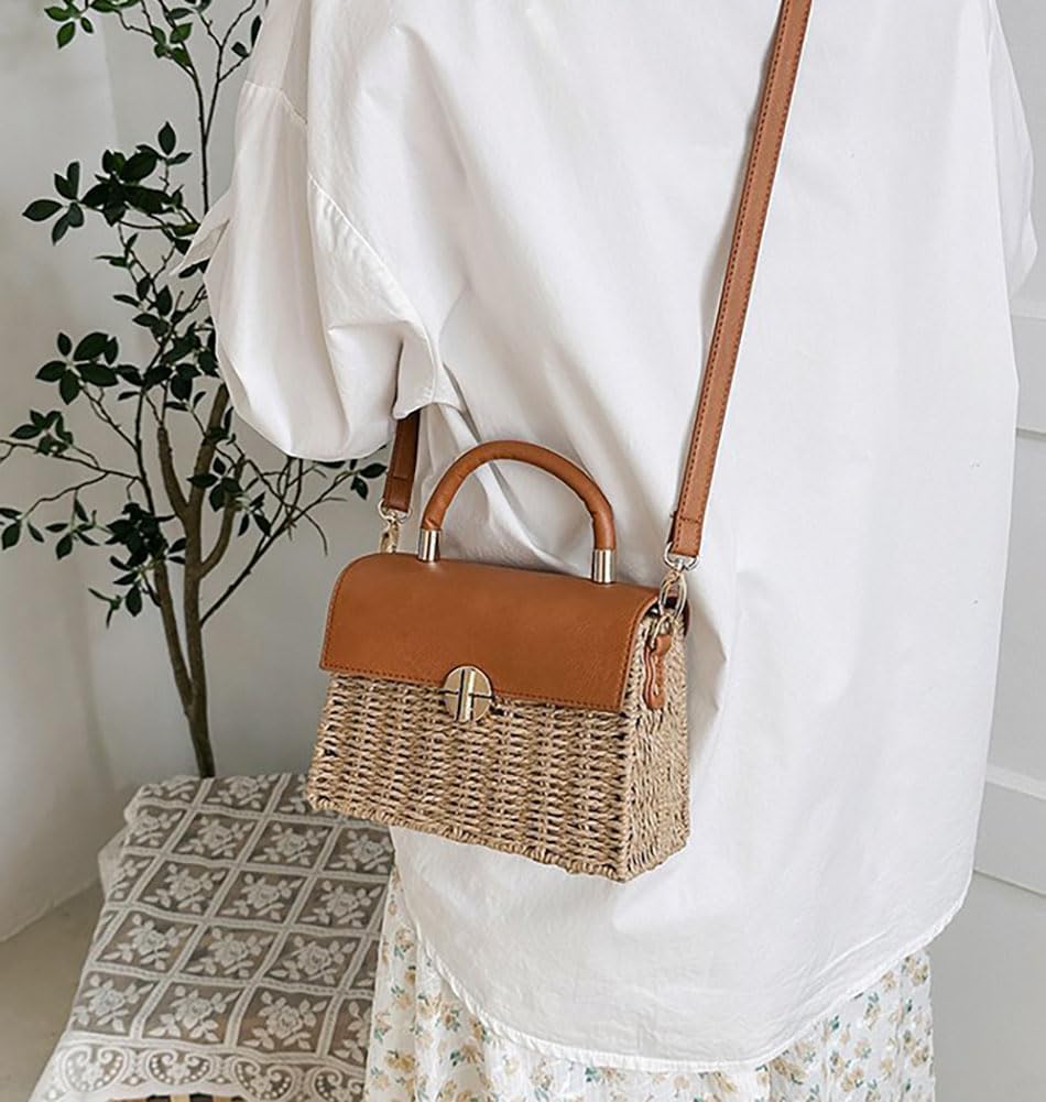 Women Handwoven Straw Purse Rattan Handbag Beach Woven Straw Tote Square Bag Boho Basket Crossbody Bag - Image 3