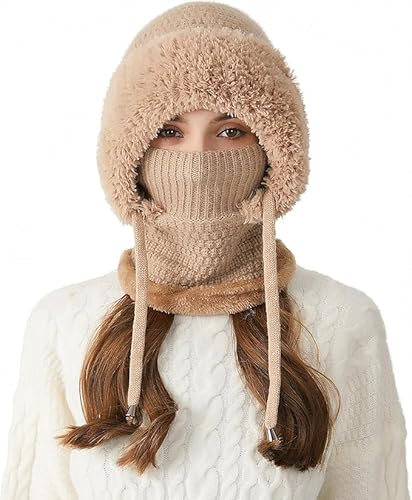 HOIDOKLY 3 in 1 Beanie Hat with Scarf and Mask, Womens Knit Beanie Hat Fleece Lined Winter Scarf Mask Set Snow Caps (Khaki)
