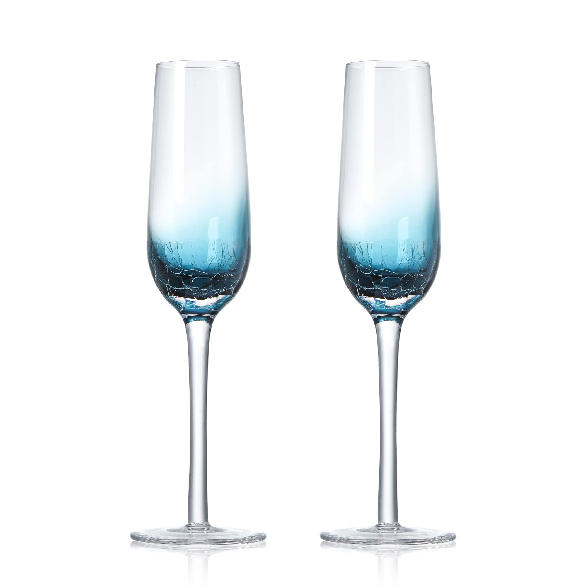 Joeyan Handmade Blue Crackle Champagne Flutes Glasses,Unique Aesthetics Glassware Art Decoration,Home Bar Essentials and Gifts for Wedding Anniversary,Set of 2,6.5 oz