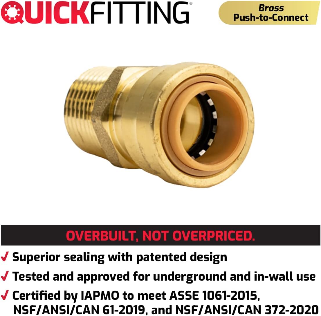 QuickFitting 1/2 Inch x 1/2 Inch MNPT Straight Male Adapter, Push to Connect Brass Plumbing Fitting with Slip Clip Disconnect Tool, for Copper, PEX and CPVC, 5 Pack