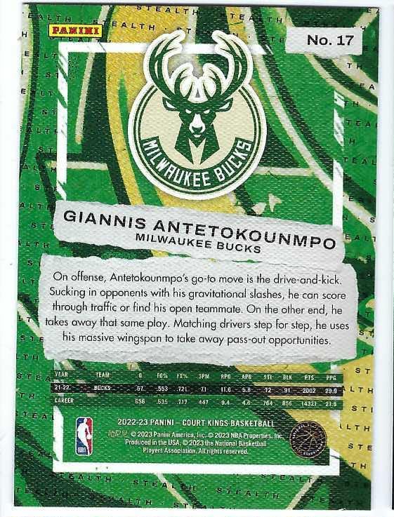 Miniatura 2 de GIANNIS ANTETOKOUNMPO 2022-23 Panini Court Kings #17 STEALTH PARALLEL Card Milwaukee Bucks Basketball