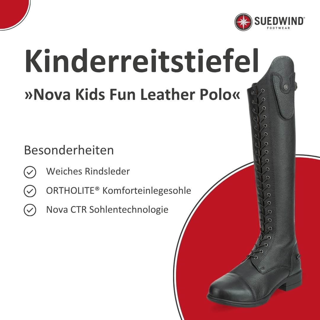 SUEDWIND FOOTWEAR Kinder-Reitstiefel aus Leder Nova Kids Fun Leather Polo – Stiefel zum Reiten – Polo-Schnürung, SBS 8 Reißverschluss & Ortholite-Innensohle – schwarz – Gr. 29-41