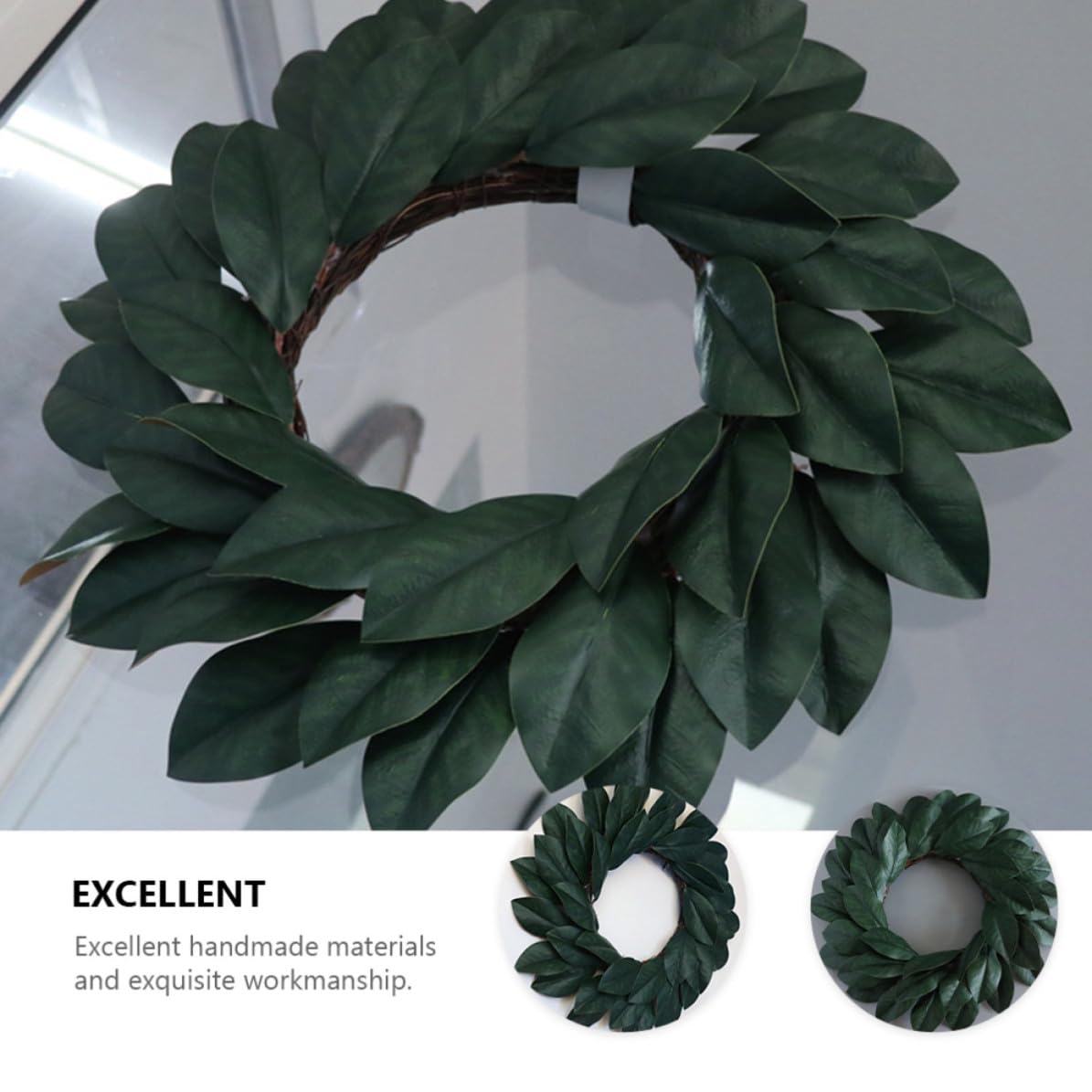 CLISPEED Naturgetreuer Magnolienkranz aus Kunststoff und Rattan Lebensechte Grüne Blätter Dekorativer Türkranz für Festliche Wanddekoration und Foto Requisiten