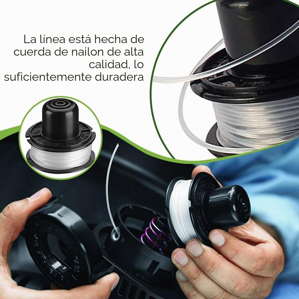 Compatible con Black + Decker, reemplazo para GL250, GL310, GL360 y GL360SB. Incluye 6 bobinas de Repuesto de Nylon, 2 Cubre Bobina y 2 Resorte.