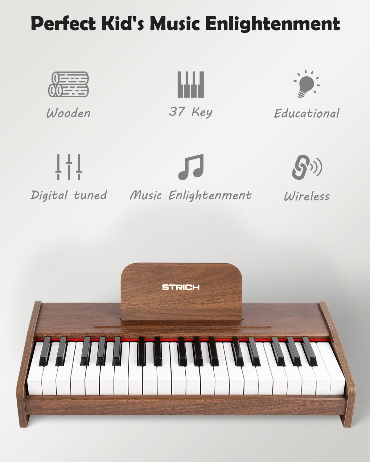 STRICH Clavier de piano numérique à 37 touches, mini piano numérique pour enfants, volume réglable, livre de musique, piano en bois pour 3 filles et garçons et plus, couleur noyer, SEK-37