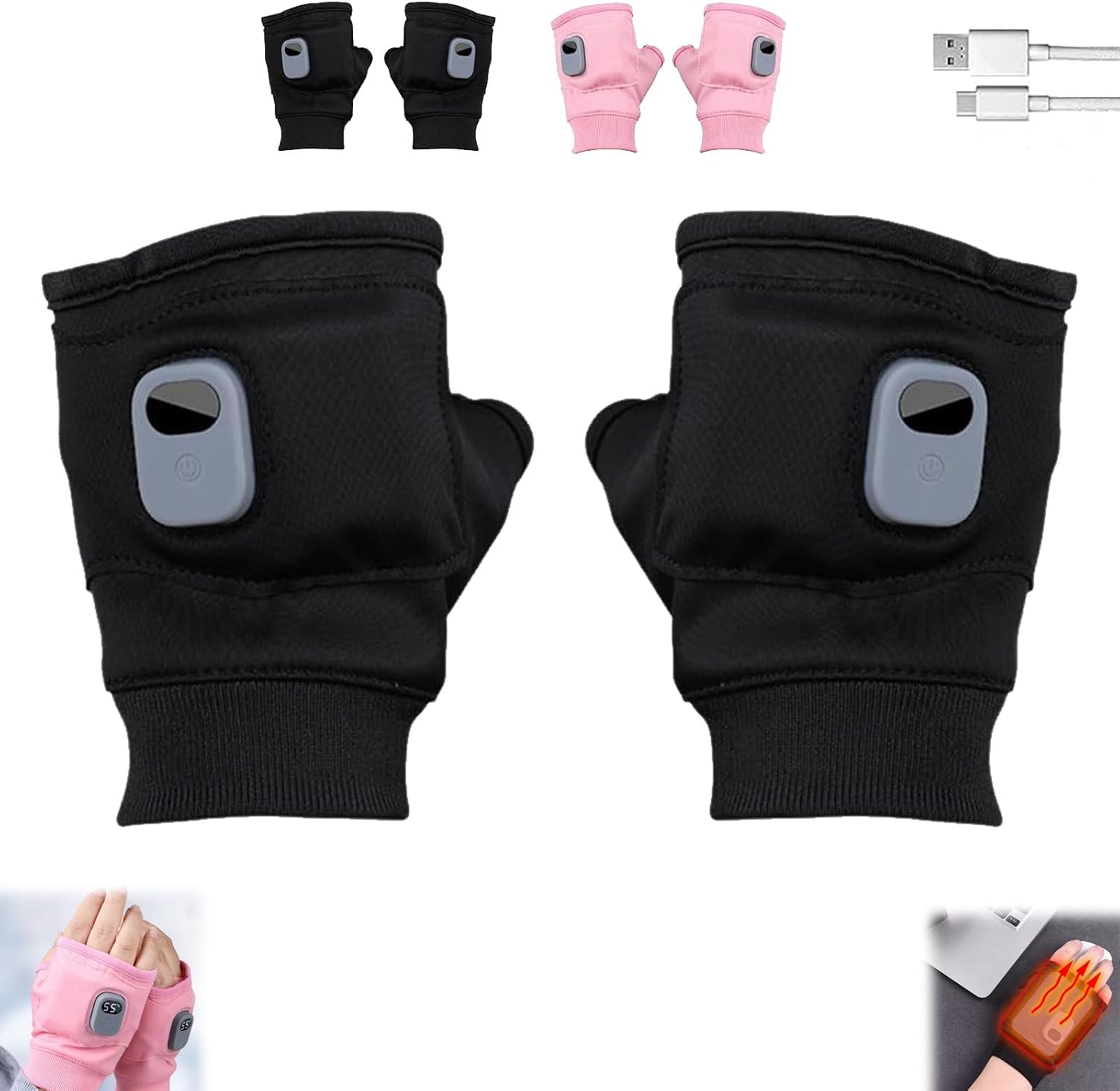 Portable Heating Gloves with Digital Display, for Work Cycling Skiing Outdoor, Three-Level Adjustabl, Smart Thermostatic Heated FingerlessGloves