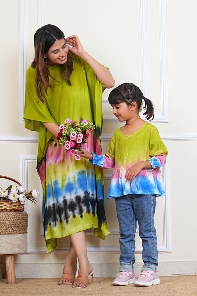 Image of Maaesa Women & Girls Mother Daughter Matching Kaftan Combo || Crepe Rayon Tie-Dyed Kaftan || Casual Wear || Family Twinning Outfit