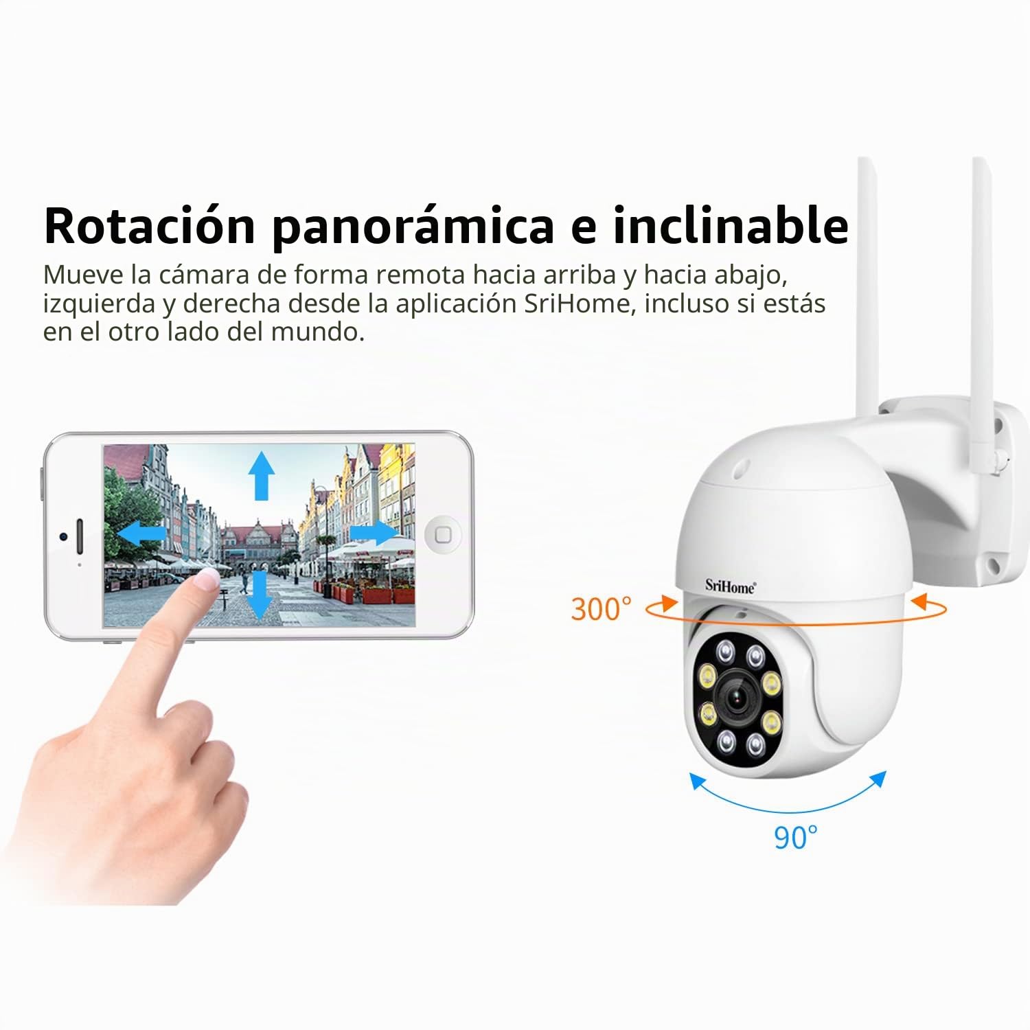 Cámara de vigilancia de Seguridad SriHome, 2MP WiFi PTZ IP Camera, Seguimiento de Movimiento automático,Visión Nocturna,IP66 Resistente al Agua,Audio 2Way
