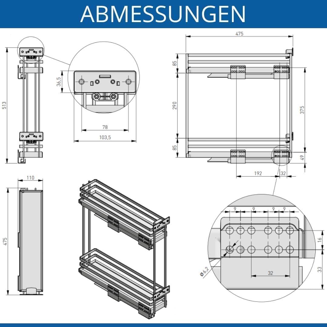 GTV - Organizer da cucina MOVIXPRO | Attrezzature cargo | Sistema di scaffalatura estraibile | Larghezza esterna 150 mm | 2 ripiani | Senza guide | Cromo