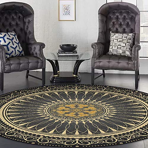 CanaDitan Rutschfester runder Teppich im Retro Boho-Ethno-Stil Schwarzes Gold 100CM – Bild 3