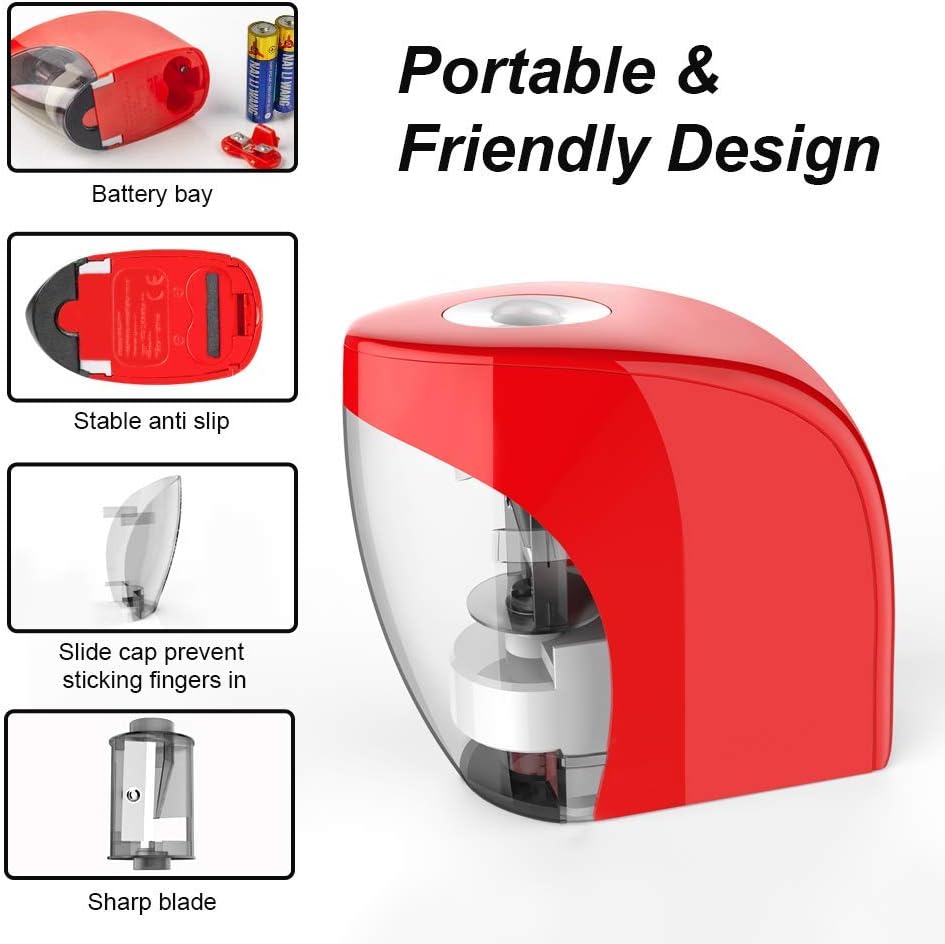Electric Pencil Sharpener Automatic Sharpener for No.2 Pencils and Colored Pencils (6-8mm) with Auto Stop Feature & Extra Cleaning Brush, USB/Battery Operated in Home/Classroom/Office (Red)