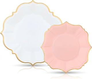Pink Disposable Paper Plates, 40 Pcs (20x9 & 20x7) Gold Foil Rim | Charming Blush Aesthetic: Soft pink with gold foil details. A must-have for baby showers and princess birthdays.