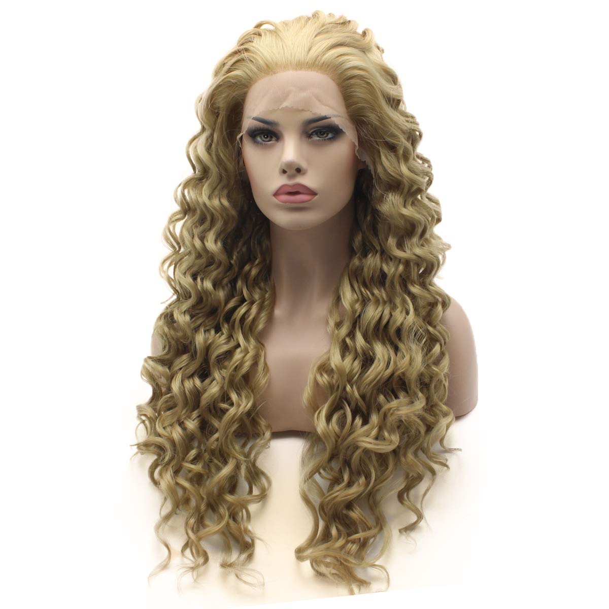 Lushy Hair Long Kinky Curly Ash Blond Wig Half Hand Tied Heat Friendly Synthetic Lace Front Wig