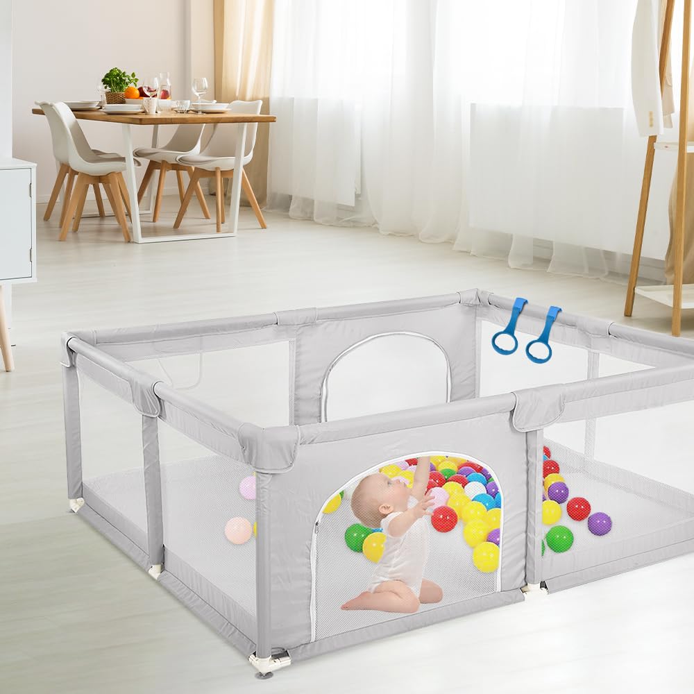Homewell Parque para bebé, Parque de bebé seguro 150 x 200 cm, zona de juego con 2 accesos laterales con cremallera y alfombras, barrera para bebés de juegos, bolsa de transporte, color gris