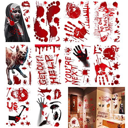 Ptsaying Décoration Halloween fenêtre s'accroche, 10 Feuille Halloween Sanglante Autocollants ​de Sang Autocollants Fenêtre Halloween Décoration de fête pour Maisons hantées Salle De Bains Cover