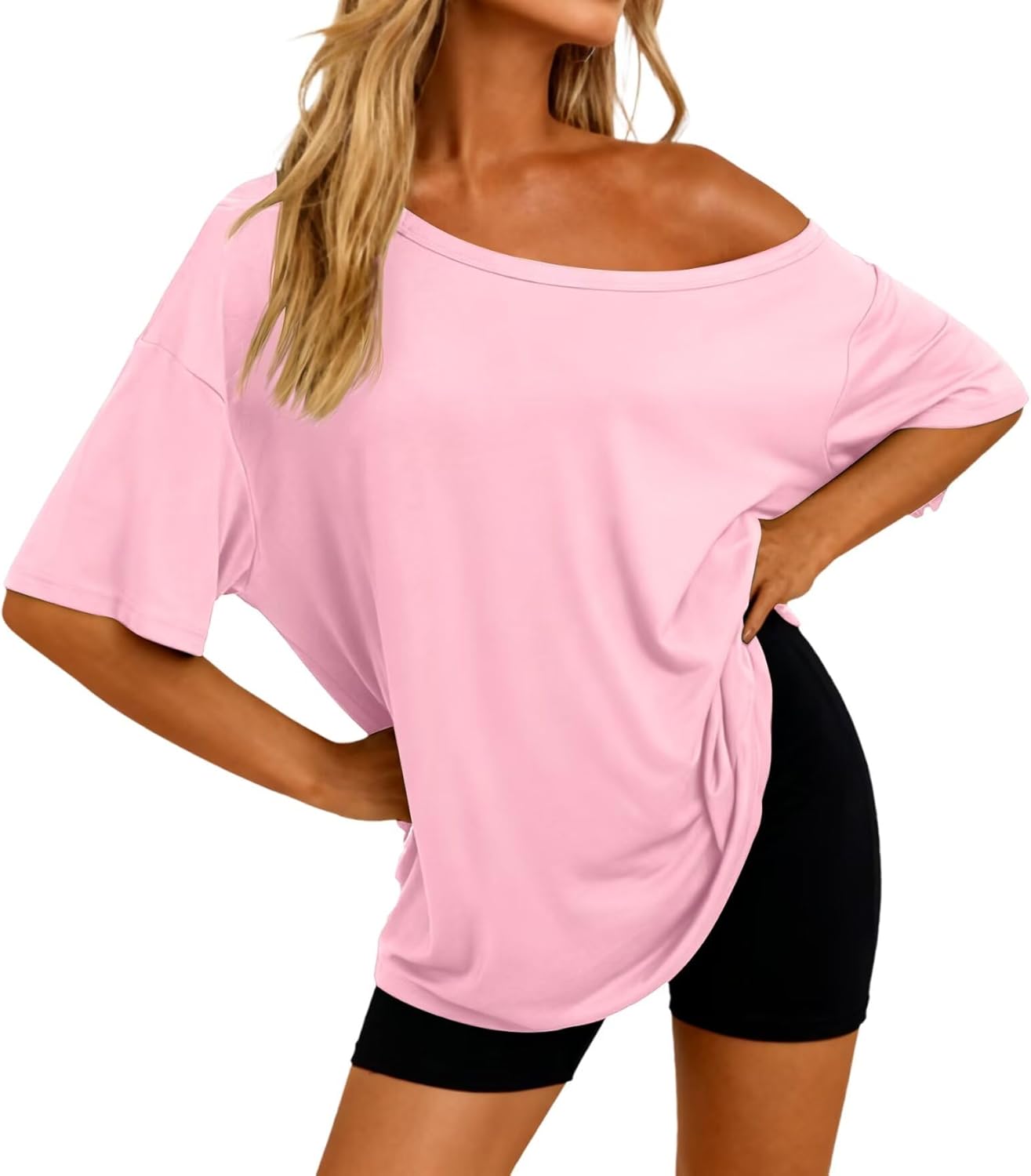 LEEDYA Off The Shoulder Tops for Women Summer Oversized Sexy Short Sleeve T Shirts Casual Loose Batwing Tunic Top - Image 2