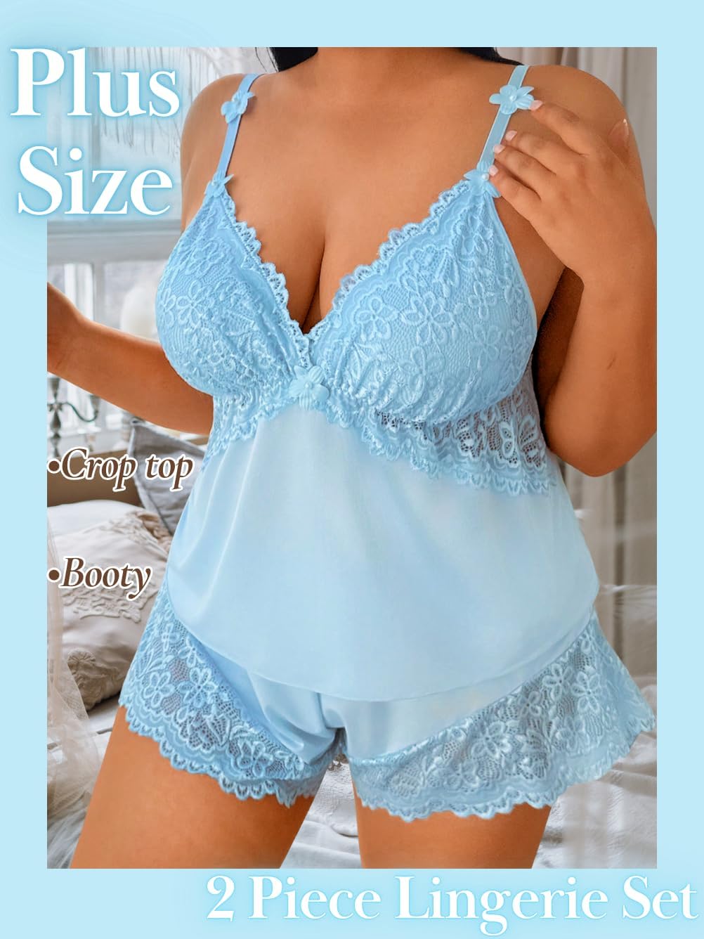 Women's Plus Size Satin Lingerie Lounge Set, 3D Floral Lace Pajamas Lightweight Comfortable Sleepwear Nightwear - Image 2