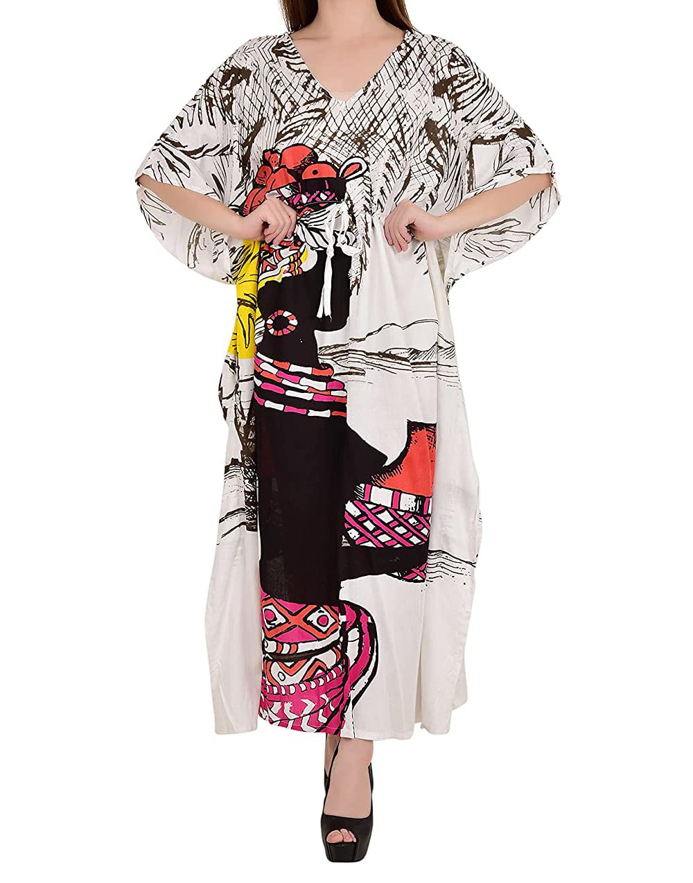 Ukal Caftan en coton pour femme - Impression numérique - Caftan - Robe longue - Longueur cheville - Sarong - Blanc - Taille unique