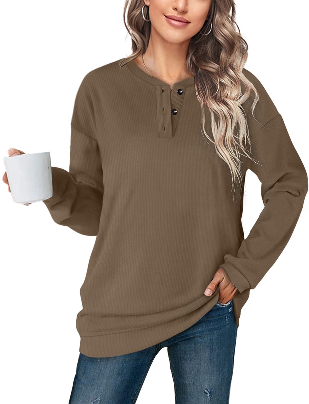 OFEEFAN Women's Henley Button-Up Sweatshirt – Comfy Long Sleeve Tunic Top For Everyday Wear - View #10