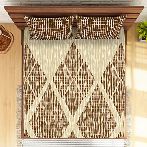 Image of Spaces Atrium Plus 100% Cotton King Size Fitted Double Bedsheet with 2 Pillow Covers Soft Feel Skin Safe Breathable Fabric (Geometric, 183CM X 198CM + 30CM) - Brown